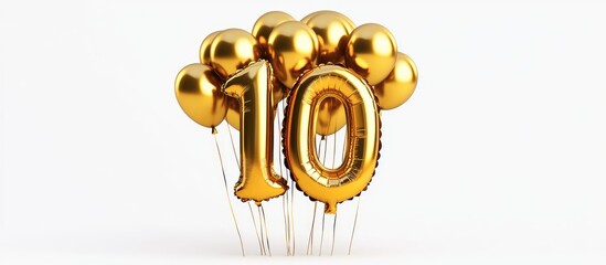 Aufkleber - 3D golden balloon number 10 surrounded by shiny gold balloons on a white background creating a festive and celebratory atmosphere
