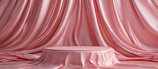 Poster - Elegant 3D podium positioned center stage against a soft pink satin fabric backdrop with flowing drapery accentuating style and sophistication