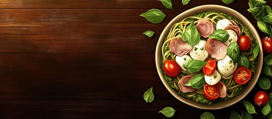 Poster - Delicious bowl of cold pasta with spinach pesto topped with cherry tomatoes mozzarella and ham garnished with fresh basil on a wooden surface