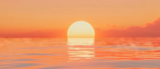 Poster - Vibrant orange sunset over calm sea with horizontal reflections on water creating a serene atmosphere and breathtaking panorama in tranquil colors