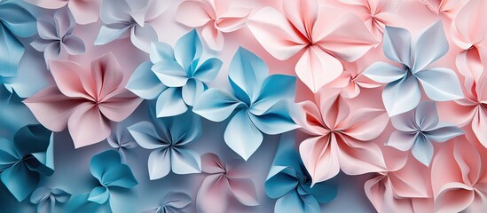 Poster - Delicate pale pink and blue origami flowers arranged in a harmonious floral pattern against a soft gradient background showcasing spring beauty.