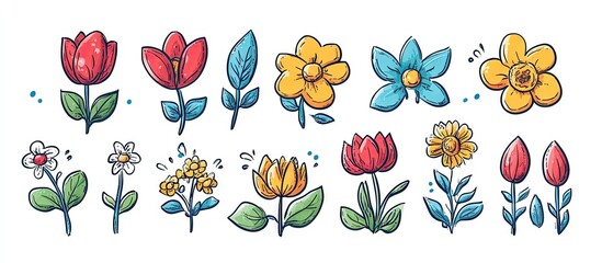 Aufkleber - Colorful floral doodles featuring red, yellow, and blue flowers with green leaves arranged in two rows, set on a white background for a fresh spring aesthetic.