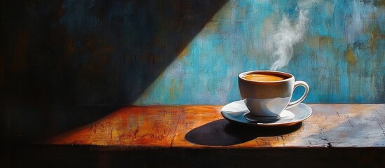 Poster - Steaming white coffee cup on rustic wooden table with warm brown tones and cool blue background, creating a cozy and serene atmosphere.