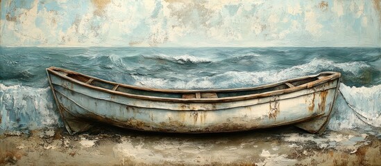 Poster - Rustic blue boat resting on sandy shore with gentle waves crashing in background under a cloudy sky creating a serene coastal atmosphere