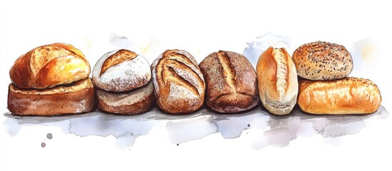 Poster - Vibrant watercolor artwork featuring an array of assorted bread types in warm browns and golds arranged horizontally on a soft gray background.