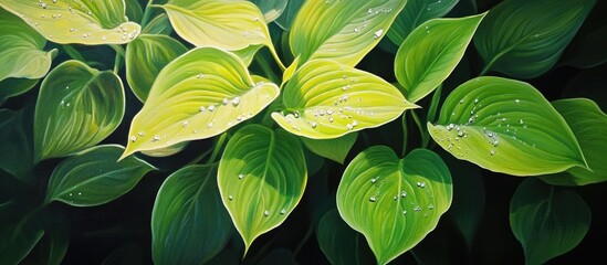 Poster - Vibrant green leaves with morning dew glistening under soft sunlight in a tranquil garden setting showcasing nature's serene beauty.