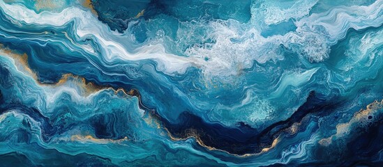 Poster - Tranquil abstract ocean scene featuring deep blue and turquoise waves with white highlights flowing harmoniously across a textured background.