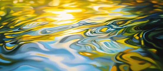 Poster - Abstract fluid patterns of blue and green water reflections with golden highlights gently rippling across the surface creating a tranquil atmosphere.