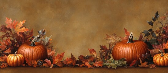 Aufkleber - Autumn scene with vibrant orange pumpkins and colorful fall leaves arranged on a textured brown background creating a warm inviting atmosphere.