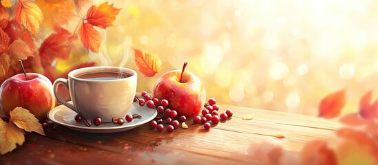Poster - Autumn breakfast scene with warm tea cup and coffee surrounded by bright red apples and berries on a wooden table with falling leaves.