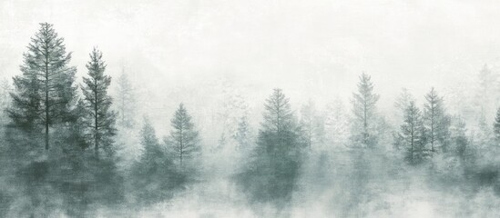 Aufkleber - Misty forest landscape with layered dark green pine trees emerging from soft gray fog against a pale white background creating a serene atmosphere