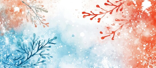 Poster - Winter watercolor design featuring blue and red branches in corners, soft pastel background to create a festive holiday greeting card backdrop.