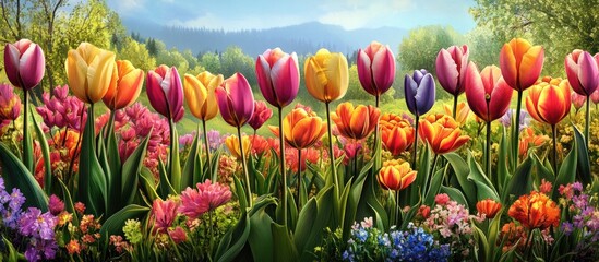 Aufkleber - Colorful tulip field with vibrant red, yellow, pink, and purple flowers in full bloom against a lush green landscape and blue mountains in the background.