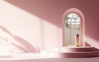 Wall Mural - 3D rendering of a Ramadan Kareem podium with a lantern and window on a pastel pink background, in a minimal style product display platform design for a banner or mock-up concept. Stock photo