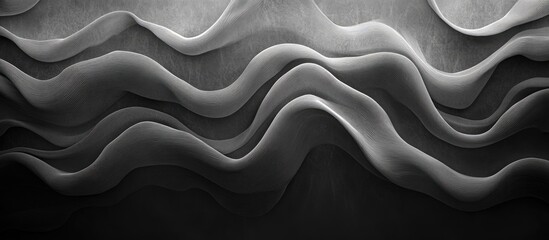 Poster - Abstract monochrome waves in varying shades of grey, flowing in smooth, undulating patterns across a dark background, creating depth and texture.