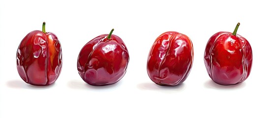 Poster - Vibrant red ripe date fruits arranged in a row on a white background highlighting their glossy texture and natural beauty for creative projects.