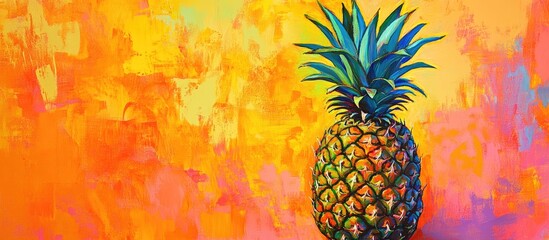 Poster - Vibrant tropical pineapple on a colorful orange and yellow abstract background, positioned on the right side of the image for dynamic appeal