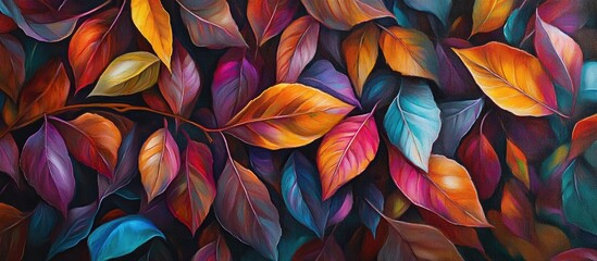 Aufkleber - Colorful autumn leaves in shades of orange, red, and yellow spread across a dark background, highlighting the beauty of seasonal transformation.