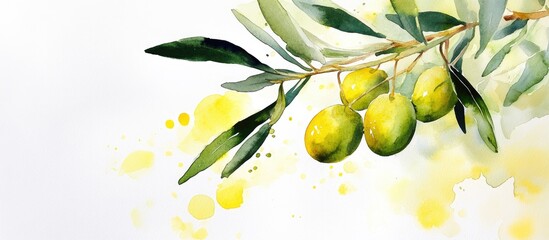 Poster - Olive branch with vibrant green olives against a soft white and yellow watercolor background featuring delicate leaves and splashes of color.