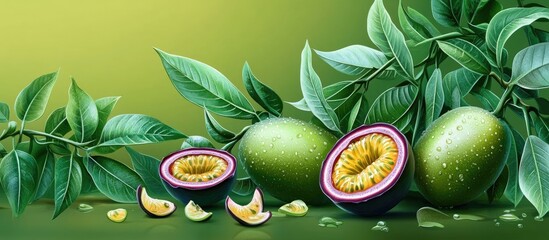 Poster - Lush green passion fruit plant with vibrant leaves and ripe fruits arranged artistically, capturing the essence of tropical flora and nature.