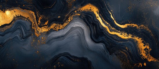 Fototapete - Luxurious dark and gold marble texture featuring fluid wavy patterns with rich gold streaks elegantly contrasting against deep dark tones.