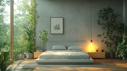 Wall Mural - Bedroom with plants, gray wall, and light from window