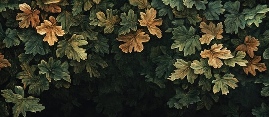 Aufkleber - Autumn forest foliage with dark green and golden leaves arranged densely, showcasing tranquility and the beauty of nature's transition.