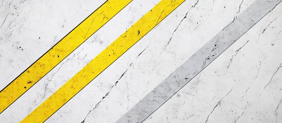 Poster - Marble background featuring three diagonal stripes in vibrant yellow and soft gray against a textured white base, creating a modern aesthetic.