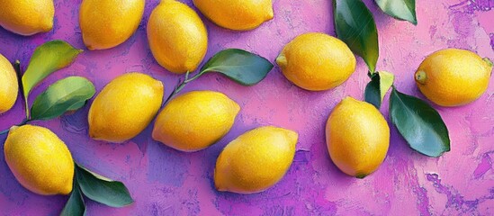 Poster - Vibrant yellow lemons with green leaves on a purple and pink textured background showcasing fresh fruit color and lively contrast.