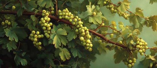 Aufkleber - Vibrant green gooseberries cluster on thorny branches against a soft green background, showcasing the lush summer foliage and natural beauty.