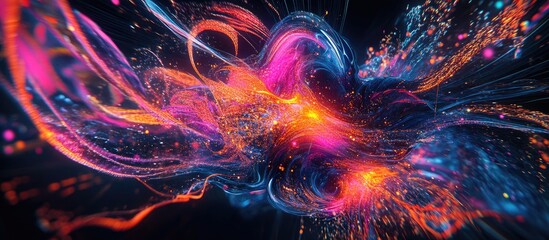 Leinwandbilder - Dynamic abstract digital art featuring vibrant pink, orange, and blue fluid shapes swirling against a dark background, creating a sense of motion and depth.