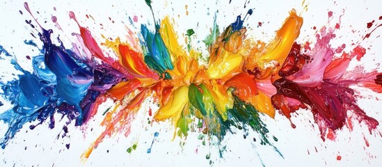 Aufkleber - Colorful paint splashes in vibrant shades of blue, orange, pink, yellow, and green burst against a clean white background, creating dynamic motion.
