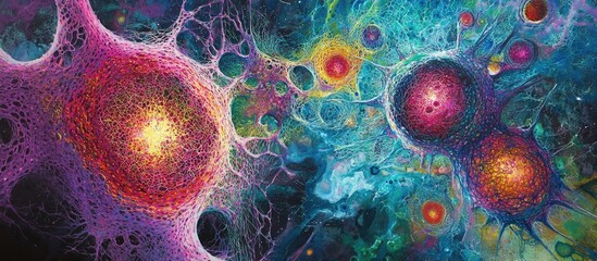 Poster - Colorful abstract representation of neurons with pink and red clusters on a vibrant blue background creating a dynamic cosmic feel.