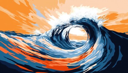Poster - Abstract Ocean Wave Art: Sunset Hues and Dynamic Curves