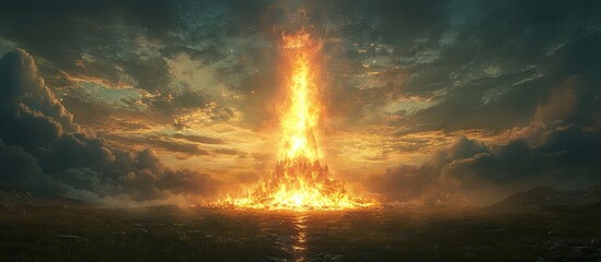 Aufkleber - Majestic bonfire at dusk with vibrant orange flames towering against a darkening sky and reflecting on calm waters creating a serene atmosphere