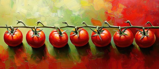 Poster - Vibrant red vine tomatoes arranged horizontally against a colorful abstract background highlighting their freshness and culinary appeal