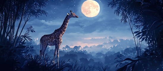 Aufkleber - Whimsical watercolor illustration of a giraffe in a tranquil moonlit forest surrounded by lush greenery and a large bright moon in a serene night sky
