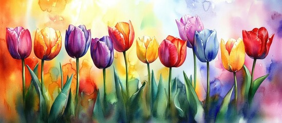 Poster - Vibrant watercolor painting of colorful tulips in various hues including red, purple, yellow, and blue against a soft multicolored background.