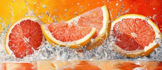 Poster - Vibrant grapefruit slices creating dynamic water splashes against a warm orange and red background promoting freshness and healthy eating.