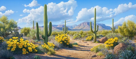 Poster - Saguaro cacti in springtime desert landscape with vibrant yellow blooms on the foreground, under a bright blue sky filled with fluffy clouds.
