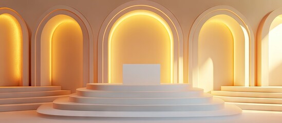 Leinwandbilder - Elegant white podium on circular steps with soft golden arches in a minimalist stage setting, perfect for presentations and displays.