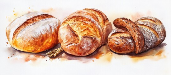 Poster - Watercolor illustration of three artisanal breads with golden crusts and soft textures artfully arranged against a light background showcasing vibrant colors.