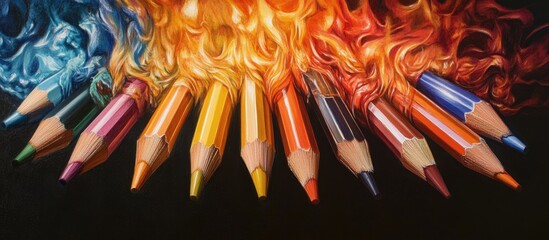 Aufkleber - Vibrant colored pencils arranged in a rainbow gradient from blue to red against a dark background showcasing their vivid hues and unique textures