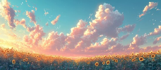 Poster - Sunflower field at sunset with vibrant yellow blooms in the foreground and pastel blue sky with fluffy pink clouds in the background.