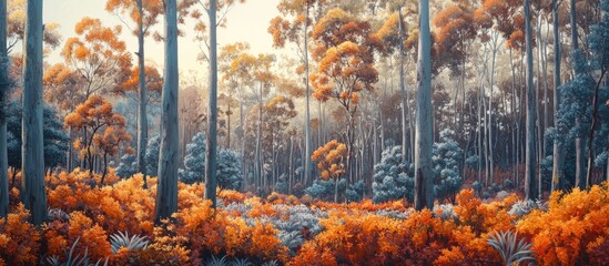 Aufkleber - Autumn landscape featuring vibrant orange foliage with tall pine trees on the left and eucalyptus forest in the background under a soft light.