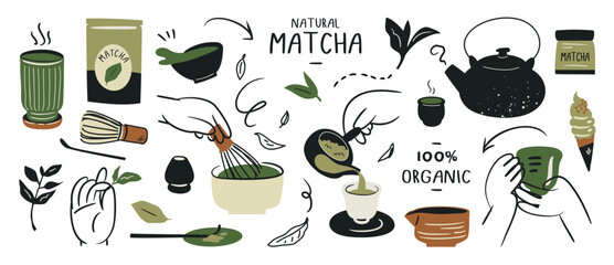 Green tea matcha element design with cute doodle decoration. Set of healthy beverage, matcha latte, whisk, kettle. Vector illustration for logo, promotion, marketing, package, ads.