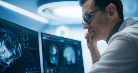 Aufkleber - Neurologist Examines Intricate Brain Scans on Multiple Screens. Advanced Neuroimaging Technology Reveals Complex Neural Pathways, Display Showing CT Scan in a Modern Medical Environment