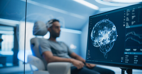 Aufkleber - Medical Brain Scan on Computer Screen. Advanced Neuroimaging Technology Reveals Complex Neural Pathways. Patient Connected to Advanced Brain Scan in the Background