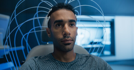 Aufkleber - Pioneering Laboratory Research: Patient Engages in Cognitive Analysis Using Advanced Eeg Headset. High-tech Lab Innovative Science, Medicine, and Progress in Neural Interface Tech