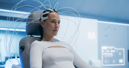 Aufkleber - Futuristic Medical Laboratory: Female Patient wearing Headset. Brain Scanner Using Advanced Neural Technology to Optimize Brain Function and Research, Treatment of Neural Diseases. Portrait